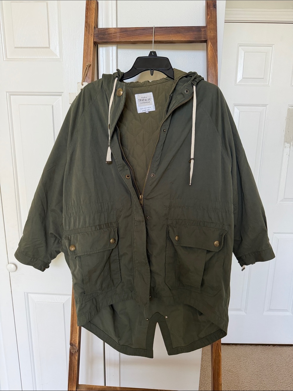 Zara Trafaluc Hunter green oversized utility hooded jacket w/ removable lining